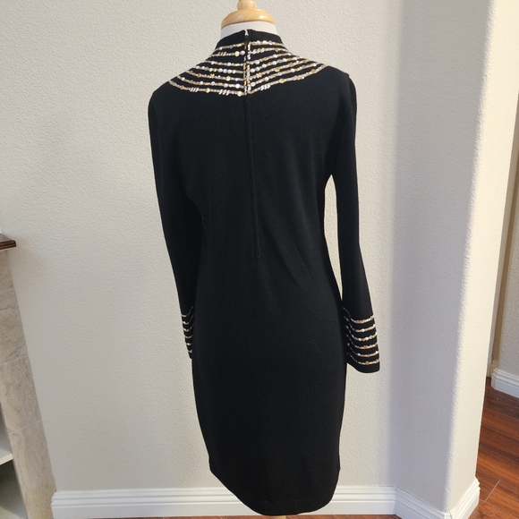 St John Knit Evening Dress black with gold pearl crystal piallettes size 10 - Picture 4 of 6